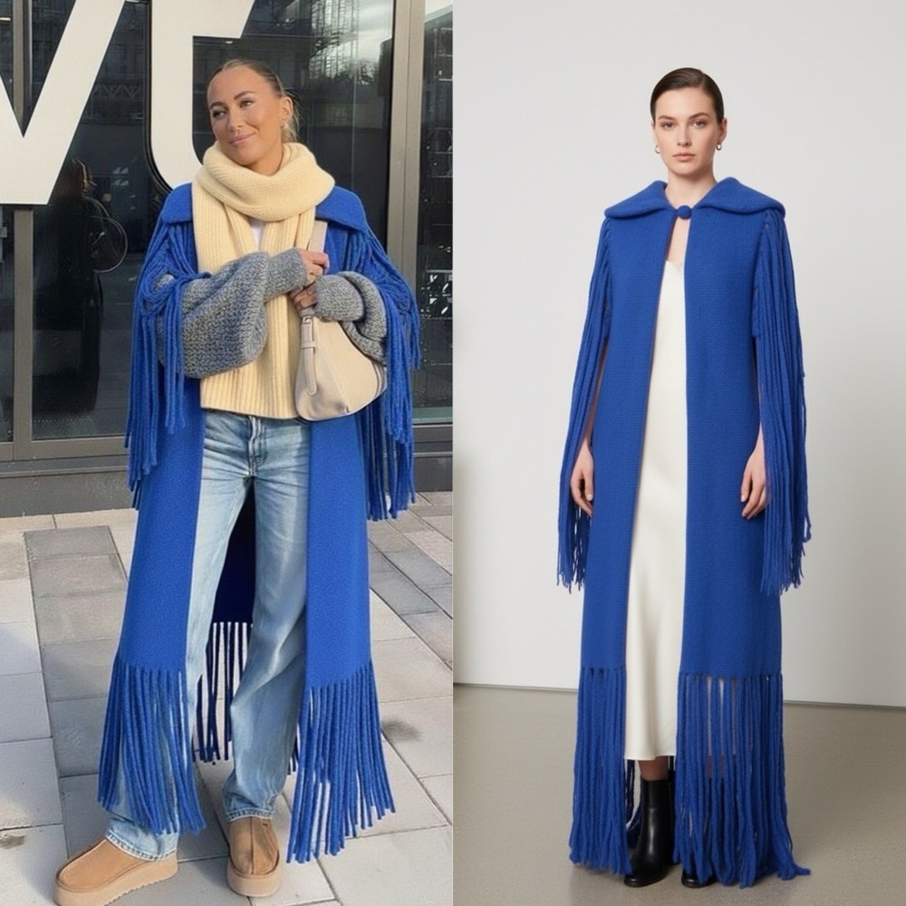 KHAITE Fringe Olwen Longline Knit Sleeveless Sweater Cardigan Blue O/S